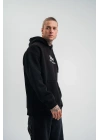 Erkek 3 İplik Pamuklu Kapüşonlu Baskılı Cepli Oversize Sweatshirt Hoodie - Siyah