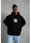 Erkek 3 İplik Pamuklu Kapüşonlu Baskılı Cepli Oversize Sweatshirt Hoodie - Siyah