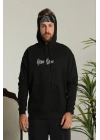 Erkek 3 İplik Pamuklu Kapüşonlu Baskılı Cepli Oversize Sweatshirt Hoodie - Siyah