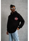 Erkek 3 İplik Pamuklu Kapüşonlu Baskılı Cepli Oversize Sweatshirt Hoodie - Siyah