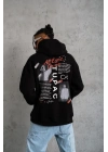 Erkek 3 İplik Pamuklu Kapüşonlu Baskılı Cepli Oversize Sweatshirt Hoodie - Siyah