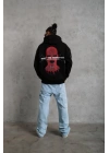 Erkek 3 İplik Pamuklu Kapüşonlu Baskılı Cepli Oversize Sweatshirt Hoodie - Siyah