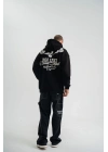 Erkek 3 İplik Pamuklu Kapüşonlu Baskılı Cepli Oversize Sweatshirt Hoodie - Siyah