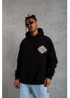 Erkek 3 İplik Pamuklu Kapüşonlu Baskılı Cepli Oversize Sweatshirt Hoodie - Siyah