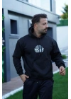 Erkek 3 İplik Pamuklu Kapüşonlu Baskılı Cepli Oversize Sweatshirt Hoodie - Siyah