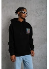 Erkek 3 İplik Pamuklu Kapüşonlu Baskılı Cepli Oversize Sweatshirt Hoodie - Siyah
