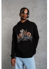 Erkek 3 İplik Pamuklu Kapüşonlu Baskılı Cepli Oversize Sweatshirt Hoodie - Siyah