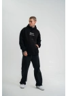 Erkek 3 İplik Pamuklu Kapüşonlu Baskılı Cepli Oversize Sweatshirt Hoodie - Siyah