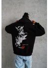 Erkek 3 İplik Pamuklu Kapüşonlu Baskılı Cepli Oversize Sweatshirt Hoodie - Siyah