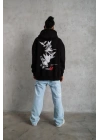 Erkek 3 İplik Pamuklu Kapüşonlu Baskılı Cepli Oversize Sweatshirt Hoodie - Siyah