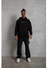 Erkek 3 İplik Pamuklu Kapüşonlu Baskılı Cepli Oversize Sweatshirt Hoodie - Siyah