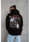 Erkek 3 İplik Pamuklu Kapüşonlu Baskılı Cepli Oversize Sweatshirt Hoodie - Siyah
