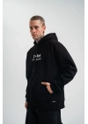 Erkek 3 İplik Pamuklu Kapüşonlu Baskılı Cepli Oversize Sweatshirt Hoodie - Siyah