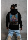 Erkek 3 İplik Pamuklu Kapüşonlu Baskılı Cepli Oversize Sweatshirt Hoodie - Siyah