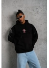 Erkek 3 İplik Pamuklu Kapüşonlu Baskılı Cepli Oversize Sweatshirt Hoodie - Siyah