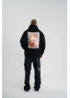 Erkek 3 İplik Pamuklu Kapüşonlu Baskılı Cepli Oversize Sweatshirt Hoodie - Siyah