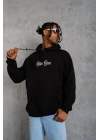 Erkek 3 İplik Pamuklu Kapüşonlu Baskılı Cepli Oversize Sweatshirt Hoodie - Siyah