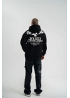Erkek 3 İplik Pamuklu Kapüşonlu Baskılı Cepli Oversize Sweatshirt Hoodie - Siyah