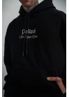 Erkek 3 İplik Pamuklu Kapüşonlu Baskılı Cepli Oversize Sweatshirt Hoodie - Siyah