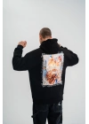 Erkek 3 İplik Pamuklu Kapüşonlu Baskılı Cepli Oversize Sweatshirt Hoodie - Siyah