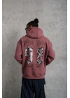 Erkek 3 İplik Pamuklu Kapüşonlu Baskılı Cepli Sweatshirt Hoodie - Gül Kurusu