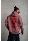 Erkek 3 İplik Pamuklu Kapüşonlu Baskılı Cepli Sweatshirt Hoodie - Gül Kurusu