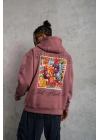 Erkek 3 İplik Pamuklu Kapüşonlu Baskılı Cepli Sweatshirt Hoodie - Gül Kurusu