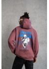 Erkek 3 İplik Pamuklu Kapüşonlu Baskılı Cepli Sweatshirt Hoodie - Gül Kurusu