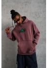 Erkek 3 İplik Pamuklu Kapüşonlu Baskılı Cepli Sweatshirt Hoodie - Gül Kurusu