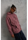 Erkek 3 İplik Pamuklu Kapüşonlu Baskılı Cepli Sweatshirt Hoodie - Gül Kurusu
