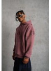 Erkek 3 İplik Pamuklu Kapüşonlu Baskılı Cepli Sweatshirt Hoodie - Gül Kurusu