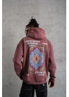 Erkek 3 İplik Pamuklu Kapüşonlu Baskılı Cepli Sweatshirt Hoodie - Gül Kurusu