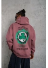 Erkek 3 İplik Pamuklu Kapüşonlu Baskılı Cepli Sweatshirt Hoodie - Gül Kurusu