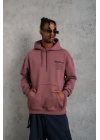 Erkek 3 İplik Pamuklu Kapüşonlu Baskılı Cepli Sweatshirt Hoodie - Gül Kurusu