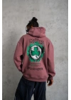 Erkek 3 İplik Pamuklu Kapüşonlu Baskılı Cepli Sweatshirt Hoodie - Gül Kurusu