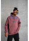 Erkek 3 İplik Pamuklu Kapüşonlu Baskılı Cepli Sweatshirt Hoodie - Gül Kurusu