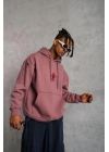 Erkek 3 İplik Pamuklu Kapüşonlu Baskılı Cepli Sweatshirt Hoodie - Gül Kurusu