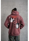 Erkek 3 İplik Pamuklu Kapüşonlu Baskılı Cepli Sweatshirt Hoodie - Gül Kurusu
