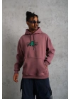 Erkek 3 İplik Pamuklu Kapüşonlu Baskılı Cepli Sweatshirt Hoodie - Gül Kurusu