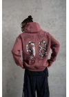 Erkek 3 İplik Pamuklu Kapüşonlu Baskılı Cepli Sweatshirt Hoodie - Gül Kurusu