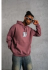 Erkek 3 İplik Pamuklu Kapüşonlu Baskılı Cepli Sweatshirt Hoodie - Gül Kurusu