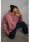 Erkek 3 İplik Pamuklu Kapüşonlu Baskılı Cepli Sweatshirt Hoodie - Gül Kurusu