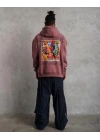 Erkek 3 İplik Pamuklu Kapüşonlu Baskılı Cepli Sweatshirt Hoodie - Gül Kurusu