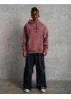 Erkek 3 İplik Pamuklu Kapüşonlu Baskılı Cepli Sweatshirt Hoodie - Gül Kurusu