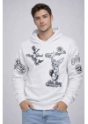 Erkek 3 İplik Pamuklu Kapüşonlu Baskılı SweatShirt hoodie - Beyaz
