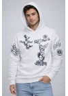 Erkek 3 İplik Pamuklu Kapüşonlu Baskılı SweatShirt hoodie - Beyaz