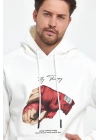 Erkek 3 İplik Pamuklu Kapüşonlu Cepli Box Eldiven Baskılı Hoodie Sweatshirt - Beyaz