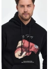 Erkek 3 İplik Pamuklu Kapüşonlu Cepli Boxy Eldiven Baskılı Hoodie Sweatshirt - Siyah