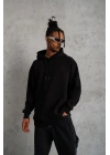 Erkek 3 İplik Pamuklu Kapüşonlu Cepli Düz Oversize Hoodie Sweatshirt - Siyah