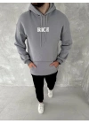 Erkek 3 İplik Pamuklu Kapüşonlu Kanguru Cepli Baskılı Oversize Hoodie Sweatshirt - Gri